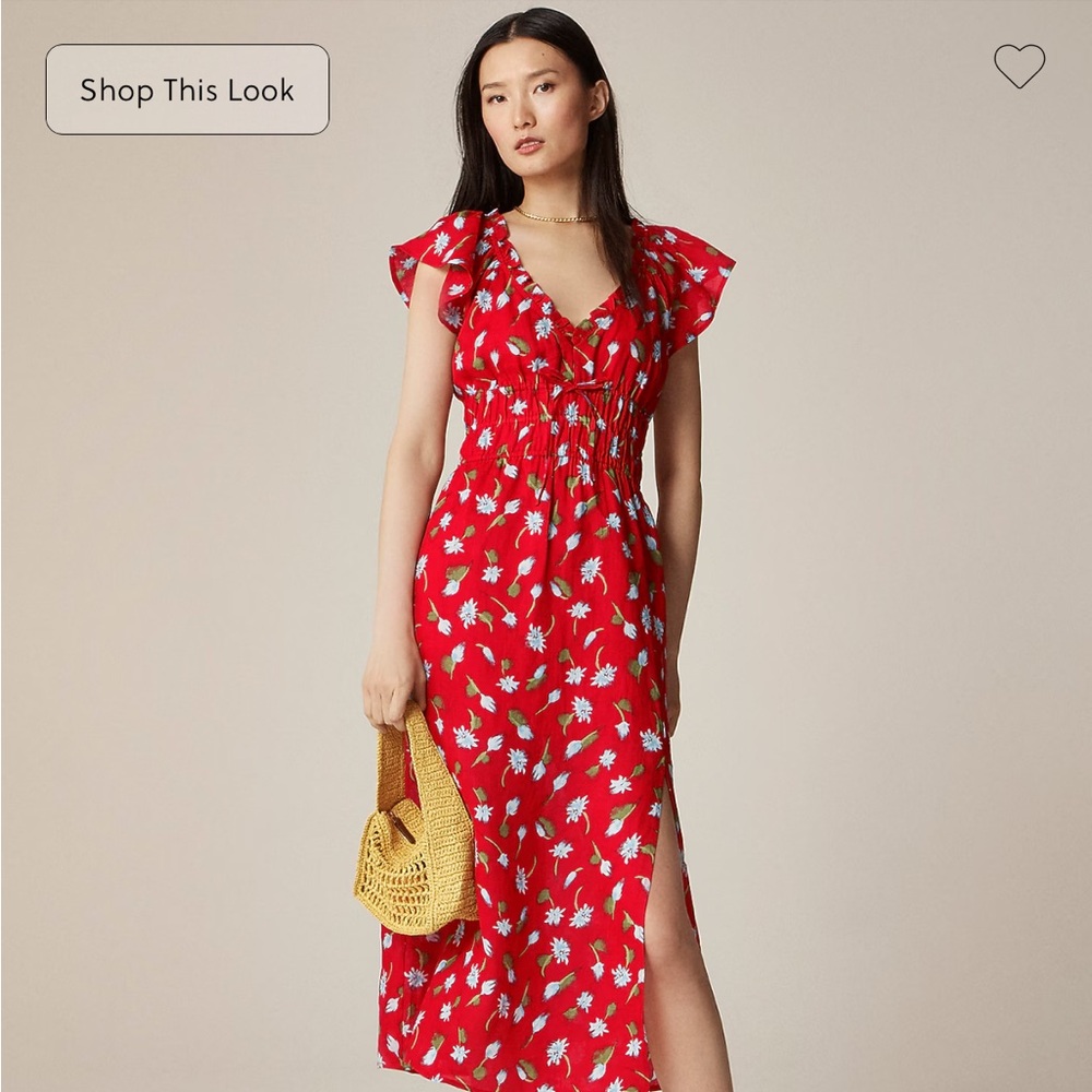 J. Crew Red Floral V‑Neck Midi Dress with Flutter Sleeves